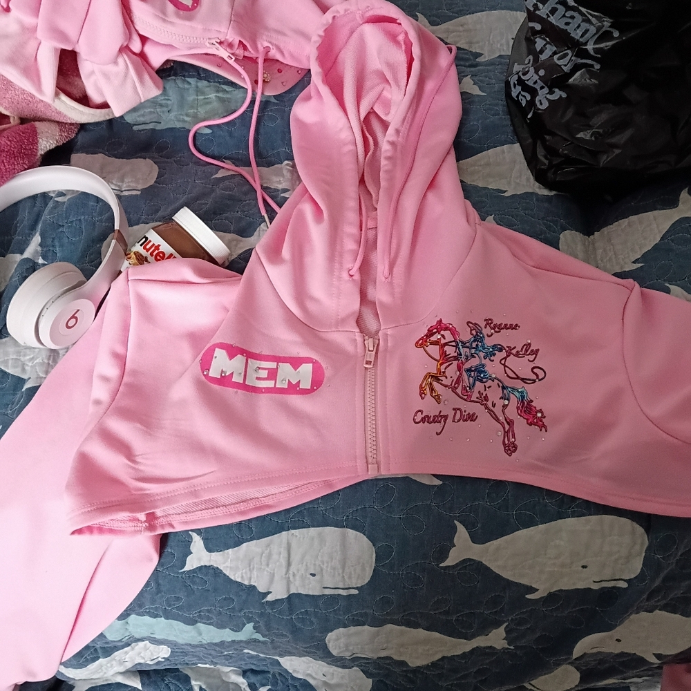 Pink Cropped Hoodie with Embroidered Design